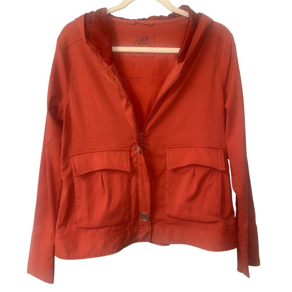 prAna Womens Medium Hooded Utility Jacket Rust Orange Lightweight Zip Snap Coat